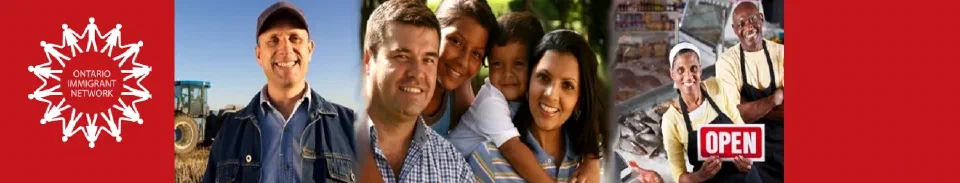 A farmer, a family and a shop owner beside an Open sign, from OIN's 2014 website header